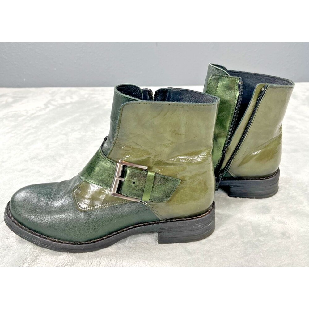 Eric Micheal Sheridan Green Leather Metallic Strap Boots Ankle Bootie Size 7